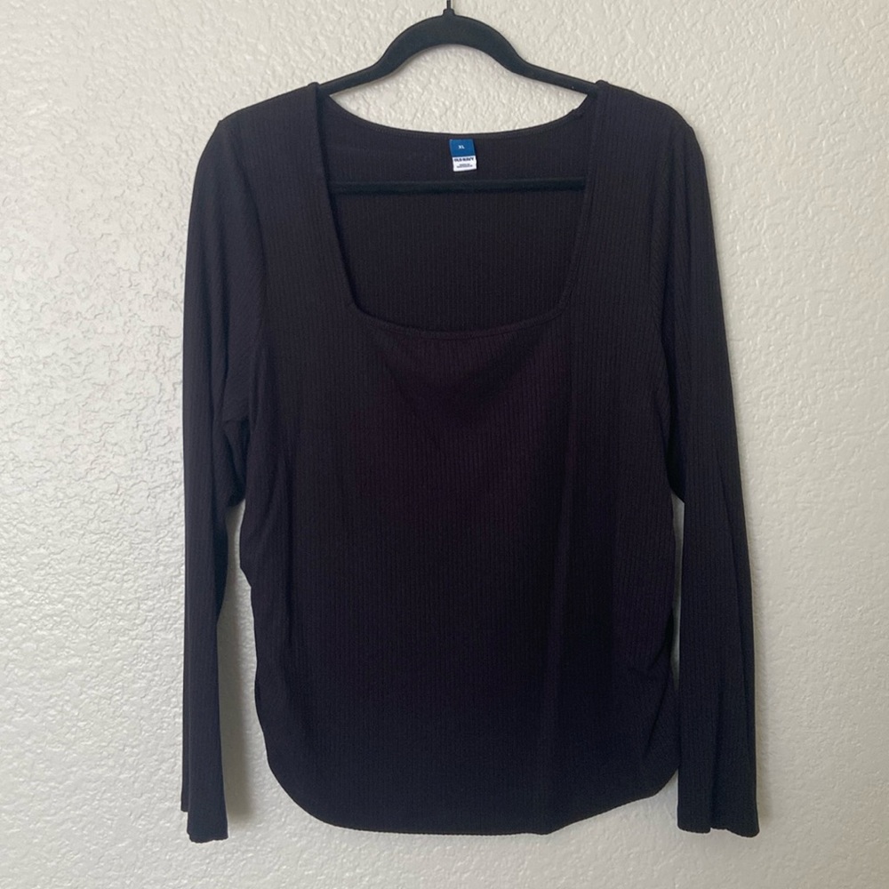 Black Square Neck Rubbed Long Sleeve Shirt